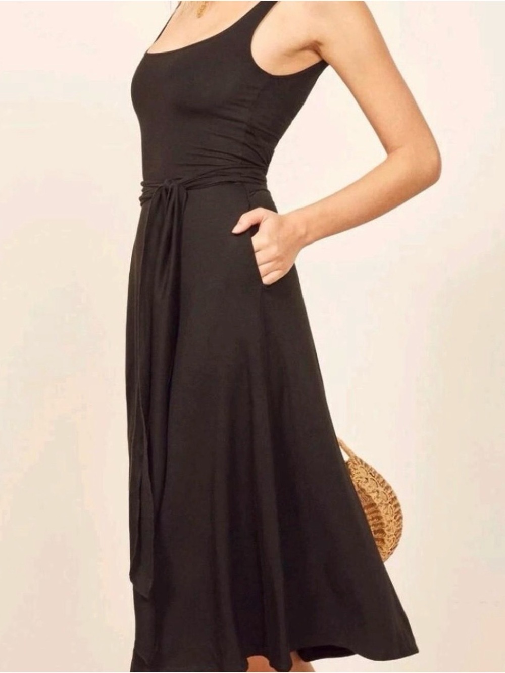 Reformation Jeans Black August Midi Dress w/ Tie - Medium - Excellent Condition - Picture 6 of 16
